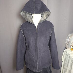 Aeros Faux Suede Sherpa Hoodie Jacket Women’s S Gray Zip Front Made in Hong Kong